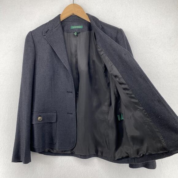 LAUREN RALPH LAUREN Blazer 4 Silk Linen Herringbone Blazer Jacket Blue Gray - Picture 2 of 15